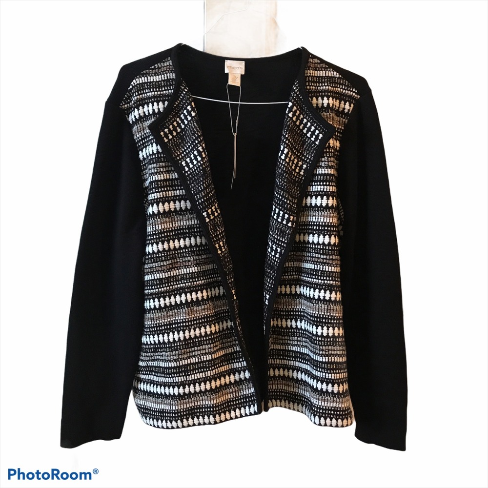CHICOS 3/XL Open Front Cardigan Sweater Ivory Black Brown Metallic NWT MSRP $109